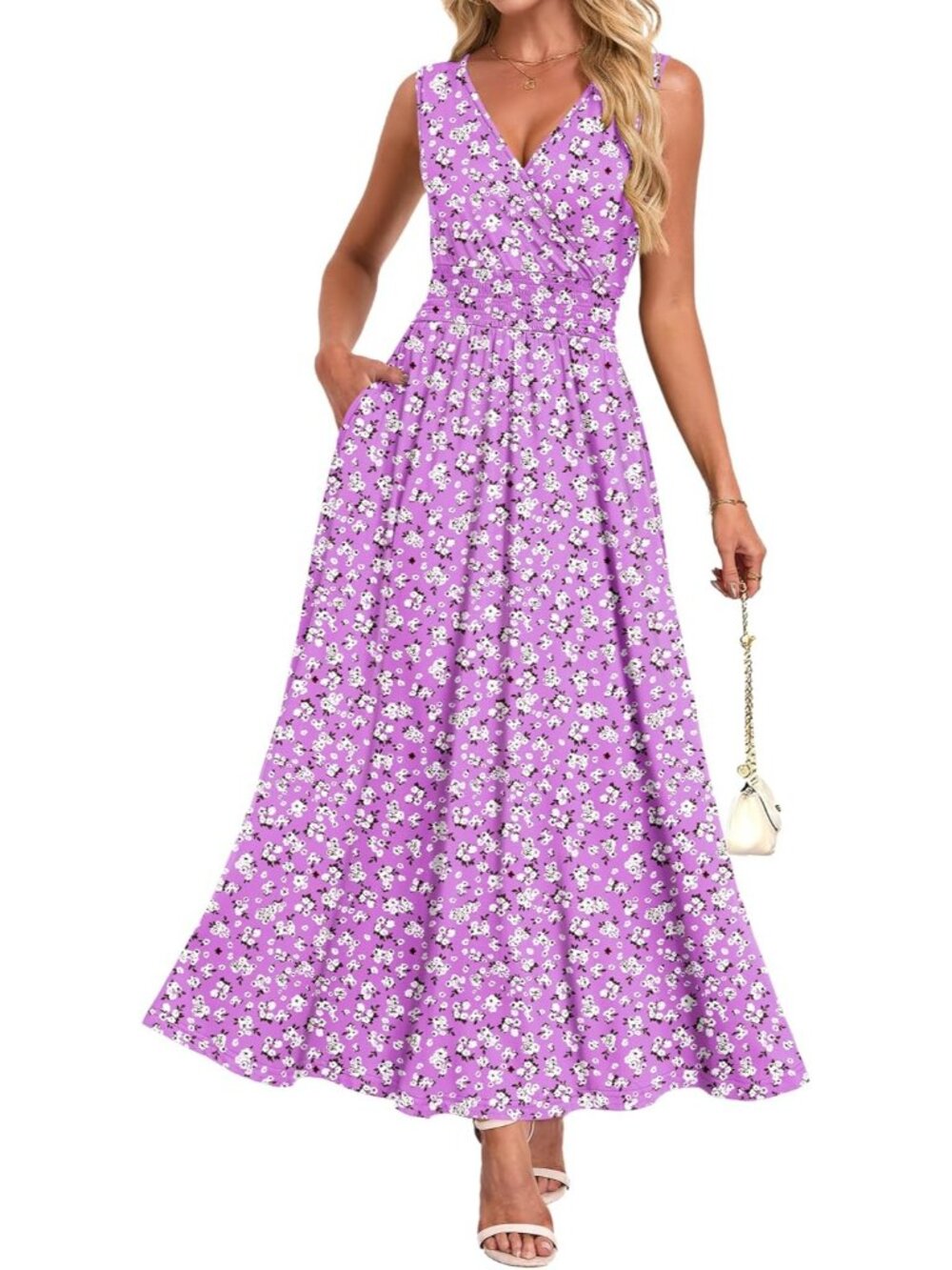 Women's Purple Summer Casual Dress V Neck Sleeveless Floral Boho Maxi Dresses